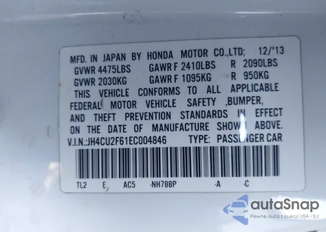 2014 Acura Tsx 2.4 z USA, uszkodzony, nr VIN JH4CU2F61EC004846